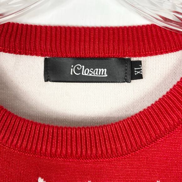 NWOT ICLOSAM Sweater XL Red White Reindeer Snowflake Fair Isle Long-Slv Cotton - Picture 3 of 8